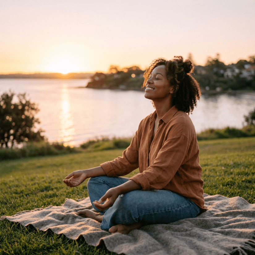 Woman sitting cross-legged on a blanket meditating near water at sunset
